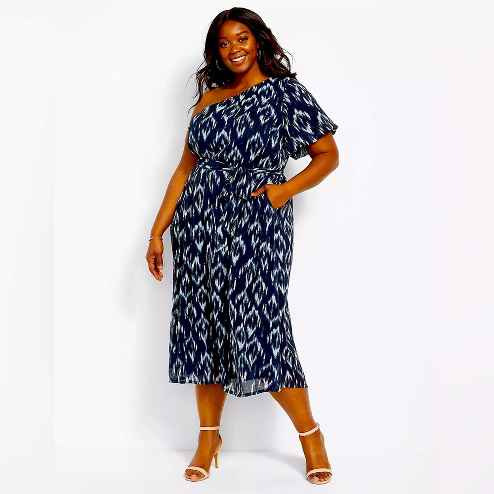 One-Shoulder Bubble-Sleeve Ikat Print Midi Dress